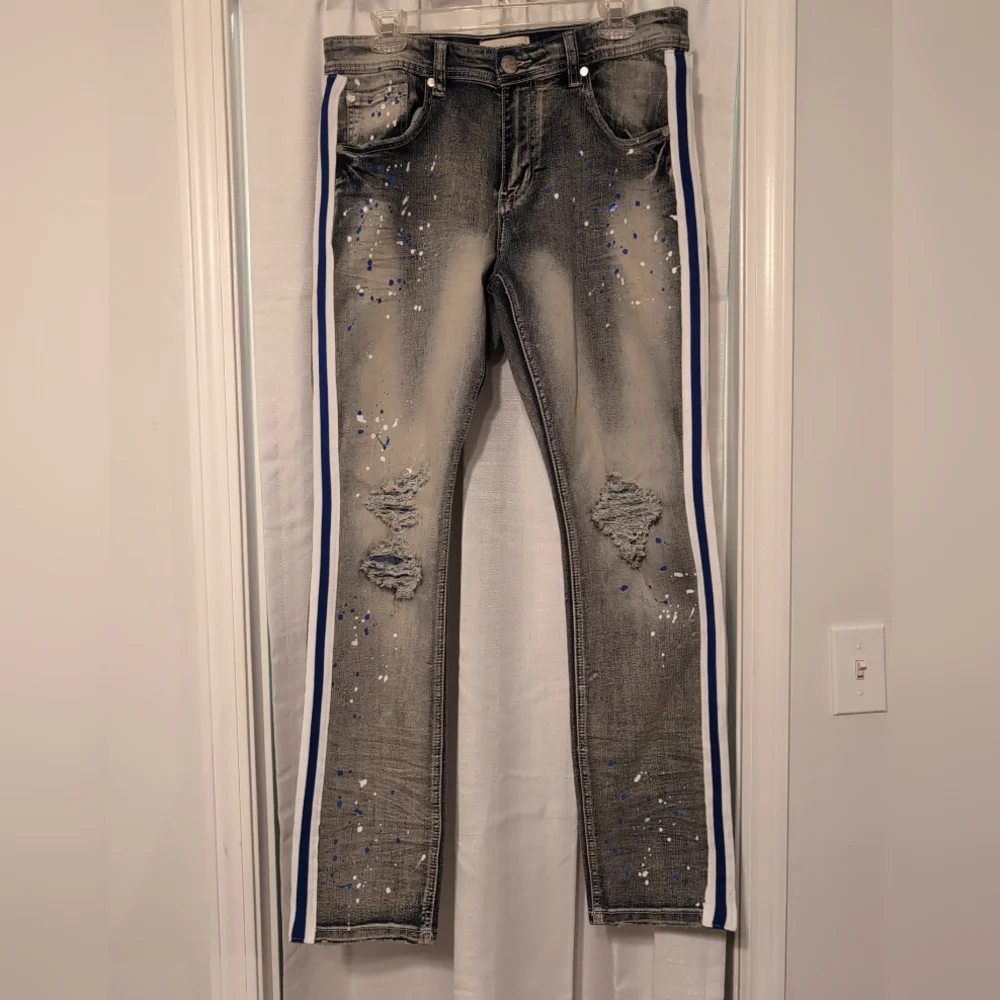 Blind Trust Men's Straight Leg Distressed Jeans Blue & White Stripes Size 34/32